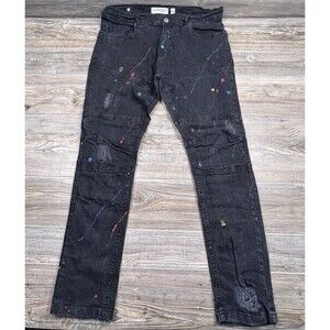 Evolution‎ In Design Distressed Punk Graffiti Paint Splatter Black Jeans 42X32